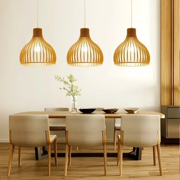 Minimalist Retro Solid Wood Chandelier Bamboo Art Birdcage Pendant Lamp for Bedroom Dining Room Study Home Decoration LED Light - Image 2