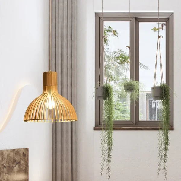 Minimalist Retro Solid Wood Chandelier Bamboo Art Birdcage Pendant Lamp for Bedroom Dining Room Study Home Decoration LED Light - Image 4