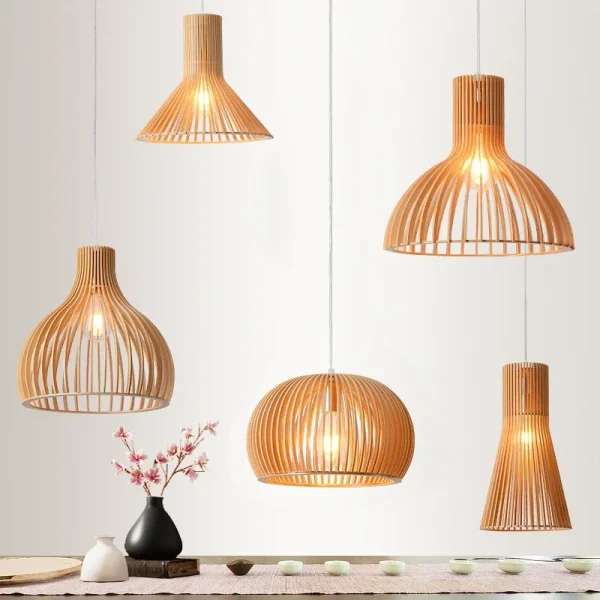 Minimalist Retro Solid Wood Chandelier Bamboo Art Birdcage Pendant Lamp for Bedroom Dining Room Study Home Decoration LED Light - Image 3