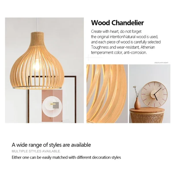 Minimalist Retro Solid Wood Chandelier Bamboo Art Birdcage Pendant Lamp for Bedroom Dining Room Study Home Decoration LED Light - Image 6